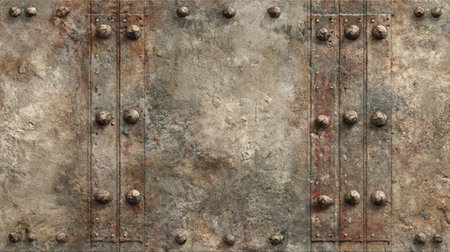 This image features a weathered metal surface showcasing rusty textures and decorative rivets, perfect for industrial and vintage-themed projects.の素材