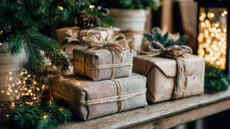 A beautifully arranged scene featuring rustic Christmas gifts wrapped in natural materials, nestled among pine branches and soft lights, creating a warm festive atmosphere.の素材