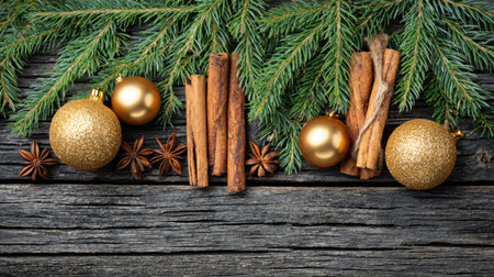 An inviting arrangement featuring cinnamon sticks, golden ornaments, and fresh evergreen branches on a rustic wooden surface, perfect for holiday themes.の素材