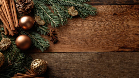 A beautiful arrangement featuring pine branches, shiny ornaments, cinnamon sticks, and pine cones creates a warm and festive atmosphere perfect for Christmas celebrations.の素材