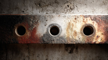 A close-up view of a weathered metal plate featuring rust stains and three circular holes, set against a textured concrete background.の素材