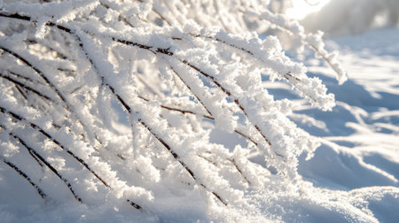 Delicate frost covers bare branches in a tranquil winter landscape, surrounded by soft, untouched snow. The sunlight dances on the icy surfaces, creating a serene atmosphere.の素材