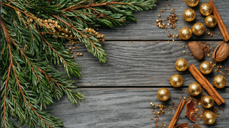 A cozy and festive composition featuring lush pine needles, fragrant cinnamon sticks, and sparkling golden ornaments on a rustic wooden surface, perfect for seasonal celebrations.の素材