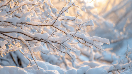 Captivating image of snow-laden branches illuminated by soft morning light, creating a serene winter atmosphere that showcases nature's tranquil beauty.の素材