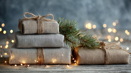 A charming arrangement of rustic holiday gifts wrapped in natural fabric, accented with twine and pine, set against a dreamy bokeh backdrop, evokes warmth.の素材