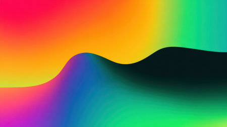 This vibrant abstract design features smooth waves and colorful gradients in pink, orange, green, and blue, creating an eye-catching digital background for various creative projects.の素材