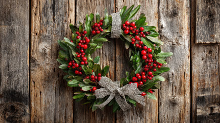 A beautiful holiday wreath featuring vibrant green leaves and bright red berries, set against a rustic wooden background. This seasonal decor adds charm to any home.の素材