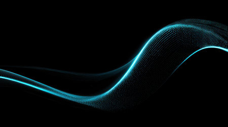 This stunning abstract illustration features a flowing blue wave with glowing particles, set against a dark background. Ideal for technology or design projects.の素材