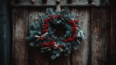 A beautifully crafted Christmas wreath adorned with vibrant red berries hangs on a rustic wooden door, creating a cozy and festive atmosphere.の素材