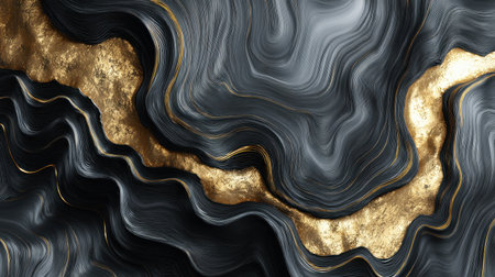 Discover a stunning abstract texture featuring smooth waves and shimmering gold highlights set against a dark background, perfect for artistic projects.の素材