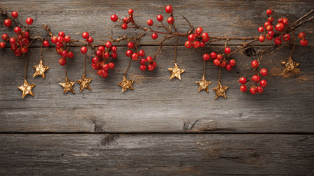 This charming image features a rustic wooden background adorned with vibrant red berries and golden stars, perfect for holiday decor and seasonal inspiration.の素材
