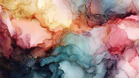 This stunning abstract fluid art piece features rich color blends and delicate gold accents, creating a harmonious visual experience perfect for modern decoration.の素材