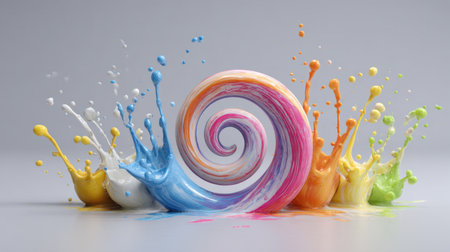 A vibrant and artistic display featuring colorful paint splashes that form a dynamic swirl against a light backdrop, showcasing creativity and motion.の素材