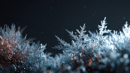 A stunning close-up image of frosted leaves illuminated by soft blue light against a dark background, creating an enchanting winter atmosphere.の素材