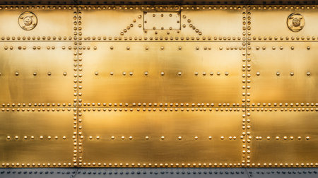 This image features a stunning textured golden wall adorned with decorative bolts and rivets. It serves as an elegant backdrop for various design and architectural projects.の素材