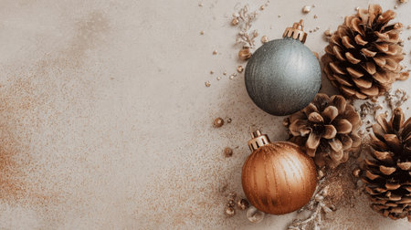 A serene composition featuring elegant Christmas ornaments in blue and gold, alongside natural pine cones, set against a soft beige background. Perfect for holiday themes.の素材
