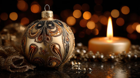 This stunning image features a beautifully designed Christmas ornament next to a glowing candle, set against a dark background filled with warm bokeh lights, evoking a festive and elegant holiday ambiance.の素材