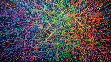 This image showcases a vibrant arrangement of colorful intersecting lines against a dark backdrop. It embodies modern art's dynamic energy and creativity.の素材