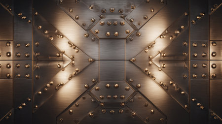 A captivating view of an industrial steel panel ceiling adorned with intricate metallic bolts, showcasing modern design aesthetics and elegant lighting.の素材