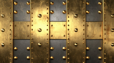 This striking image features a detailed metal texture combining rich gold and deep black tones. The design showcases metallic strips embellished with rivets, perfect for backgrounds or artistic projects.の素材