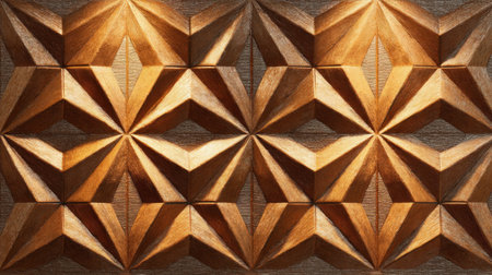 This captivating wood relief artwork features an intricate geometric pattern, showcasing warm tones and exquisite craftsmanship, perfect for interior design use.の素材