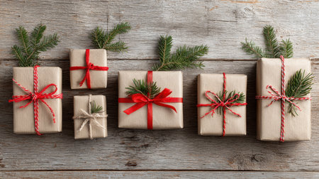 A beautiful arrangement of rustic gift boxes wrapped in brown paper and adorned with red ribbons and greenery, perfect for holiday celebrations.の素材