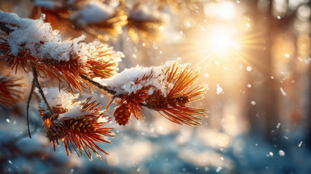 A stunning close-up of snow-covered pine branches illuminated by soft winter sunlight, creating a serene atmosphere filled with twinkling snowflakes and enchanting beauty.の素材