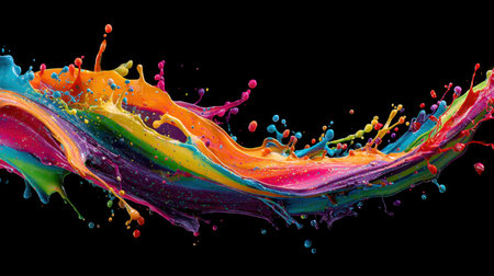 A stunning capture of vibrant paint splashes in rich colors against a black background, showcasing dynamic motion and creative artistic expression.の素材