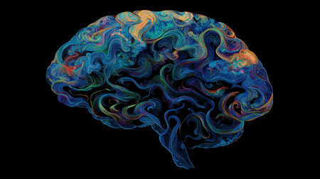 This striking image features a colorful abstract representation of a brain, showcasing vibrant swirls against a dark backdrop. Ideal for themes of creativity and innovation.の素材