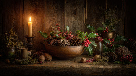 A serene and rustic holiday arrangement featuring pinecones, berries, and a glowing candle, set against a textured wooden background, evokes warmth and nature.の素材