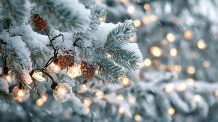 A beautiful close-up of a snowy evergreen branch adorned with twinkling lights and pine cones, capturing the essence of a serene winter wonderland.の素材