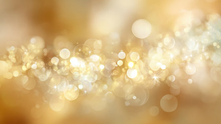 This shimmering golden bokeh background features soft focus and highlights, perfect for creating an elegant atmosphere in designs and digital projects.の素材