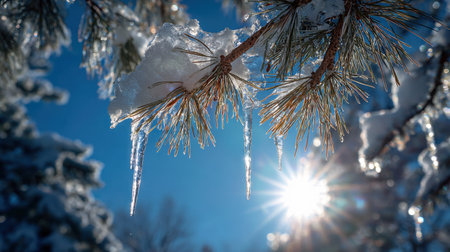 A breathtaking winter scene featuring sunlight illuminating icicles that dangle from snow-covered pine branches, showcasing the beauty of nature.の素材