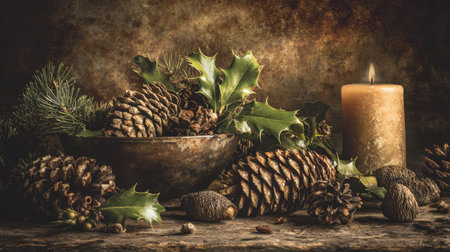 A serene and rustic holiday table setting featuring pine cones, holly leaves, and a lit candle, evoking warmth and seasonal charm for festive occasions.の素材