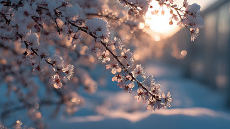 A close-up view of icy blossoms adorned with frost, illuminated by the soft glow of winter sunlight. The scene captures the serene beauty of nature in winter, highlighting the delicate details of the frosted petals against a soft snowy background.の素材