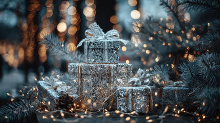 This enchanting image captures beautifully wrapped Christmas gifts adorned with delicate bows, surrounded by soft, twinkling lights and evergreen branches, evoking holiday cheer.の素材