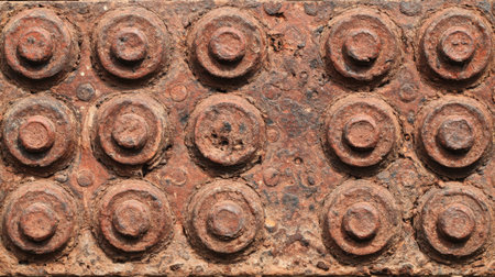 This image showcases a close-up view of a textured metallic surface featuring circular patterns and a rusty finish, perfect for various design projects.の素材