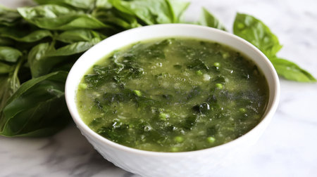 This vibrant green soup showcases fresh herbs and vegetables in a white bowl, perfect for health-conscious eaters and culinary enthusiasts.の素材