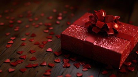 A beautifully wrapped red gift box topped with a glossy bow rests on a wooden table, surrounded by scattered heart-shaped confetti, evoking feelings of love.の素材