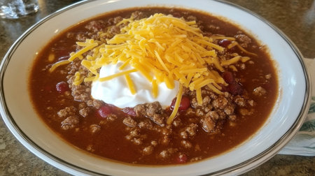 This vibrant bowl of chili features ground beef, kidney beans, and spices, generously topped with shredded cheese and sour cream, perfect for any occasion.の素材