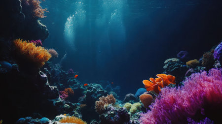 Explore a vibrant underwater scene showcasing a colorful coral reef teeming with life, abundant marine flora, and bubbles in the deep blue ocean.の素材