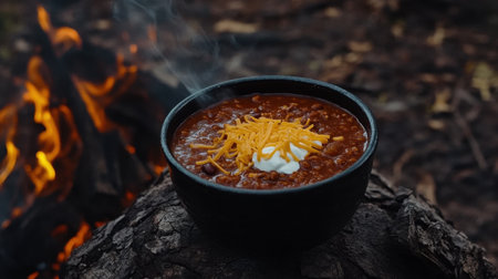 A steaming bowl of hearty beef chili topped with shredded cheese and sour cream, situated near a warm campfire amidst the tranquil forest setting, perfect for outdoor gatherings.の素材