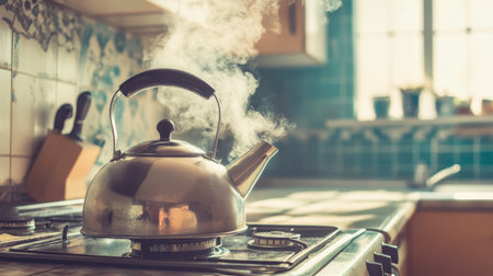 A beautiful scene capturing steam rising from a gleaming metal kettle on a gas stove. Sunlight filters through the window, creating a cozy atmosphere.の素材