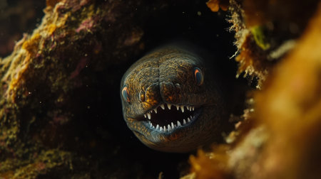 This captivating underwater photograph showcases a moray eel peeking from its rocky shelter, revealing sharp teeth in an intense display. The image captures the vibrant colors of the rocky environment and the eel's unique features, perfect for illustrating marine wildlife.の素材