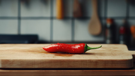 A vibrant red chili pepper rests on a wooden cutting board in a stylish kitchen, showcasing its freshness and allure, perfect for culinary creativity.の素材