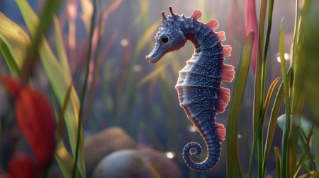 A stunning depiction of a seahorse gracefully swimming through vibrant aquatic plants, captured in soft natural light. This underwater scene showcases the beauty of marine life.の素材