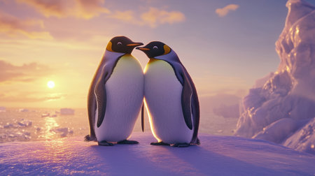 A heartwarming scene of two adorable penguins embracing under a stunning sunset in a snowy landscape, showcasing love and companionship in nature.の素材