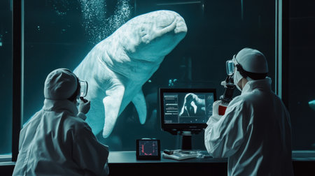 A captivating scene shows scientists observing a beluga whale during an underwater study in a modern aquarium laboratory, emphasizing marine research.の素材