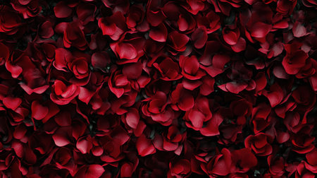 A stunning close-up of lush red rose petals spread elegantly across a dark surface, ideal for romantic events, decor, and artistic projects.の素材