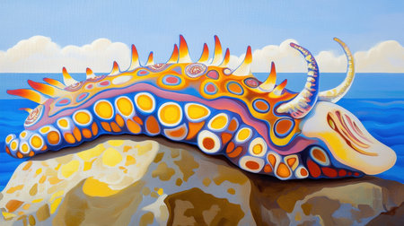 A vibrant depiction of a colorful sea slug resting on a rock by the ocean. The artwork captures the beauty of marine life with an artistic flair, showcasing bright colors against a serene seascape.の素材